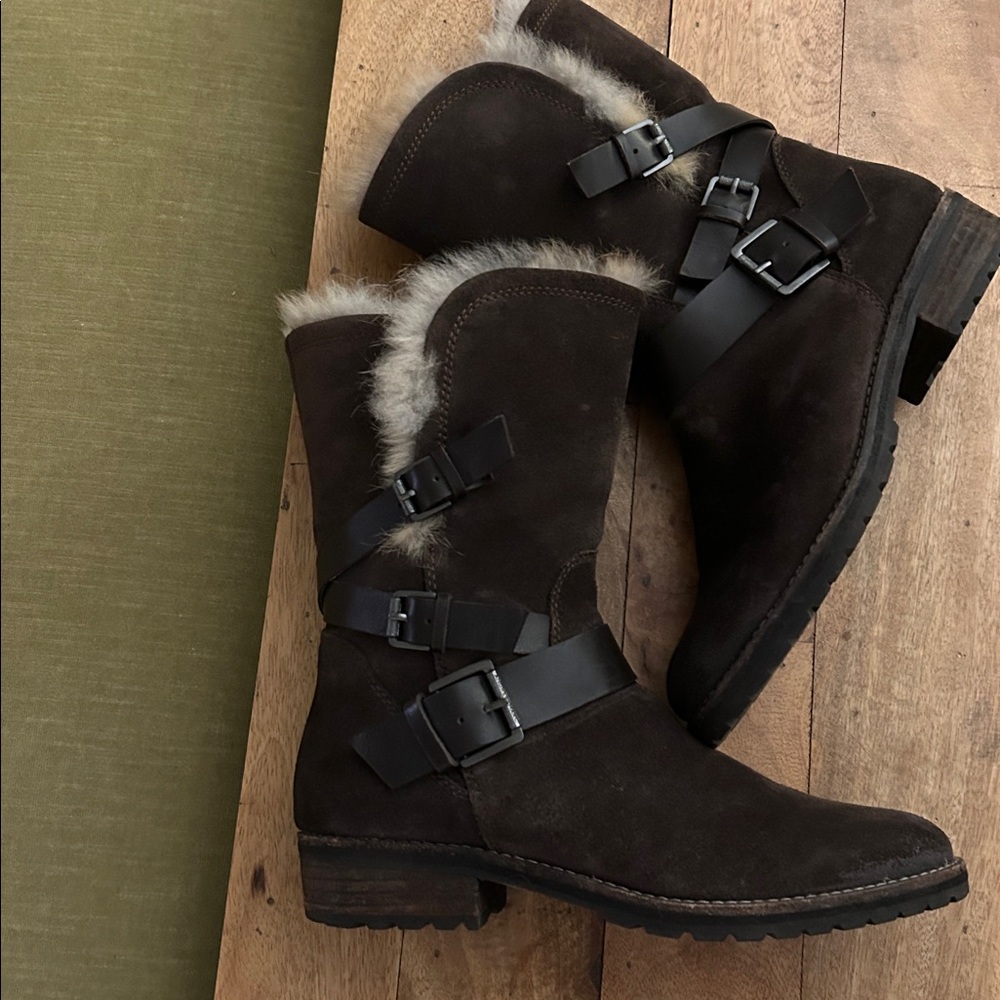 Andrew Marc Dark Brown Suede Shearling-Lined Buckle Ankle Boots